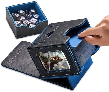 Card Deck Box for MTG Commander - Patented Design, Commander Display, Fits 100 Double-Sleeved Cards, 35pt Card Brick & Dice Tray - Black/Blue