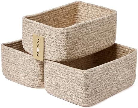 Small Storage Baskets for Organizing | Closet Organizer Bins | Shelf Toy Basket | Woven Rope Baskets | Cube Decorative Box | Shallow Basket | 11.5x7.5x4.7” | 3 Packs Mixed Brown
