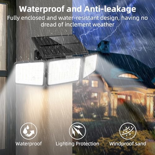 2500LM Solar Lights Outdoor with Motion Sensor,3 Head 270° Wide Angle Street Area Lights, IP65 Waterproof Security Lighting with 3 Modes(Non-Remote,2 Pcs)