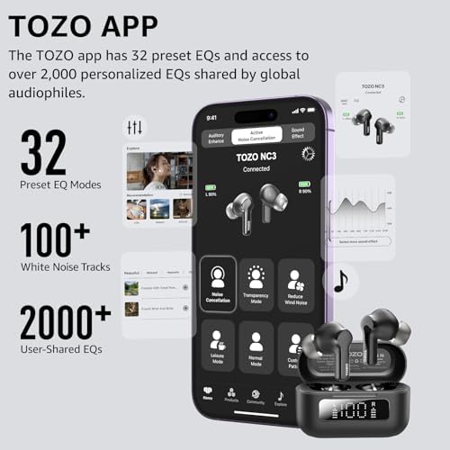 TOZO NC3 Hybrid Active Noise Cancelling Wireless Earbuds with 6 Mics AI Clear Call Ear Buds 55H Playtime with LED Display 32 Preset EQs via APP Bluetooth 5.3 IPX8 Waterproof in Ear Headphones