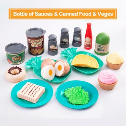 80Pcs Kitchen Playset, Toddler Pretend Cooking with Pots, Pans, Cookware, Food, Picnic Blanket, Fruits, Veges, Shopping Storage Basket, Dessert, Learning Gift for Girls Boys (Turquoise)