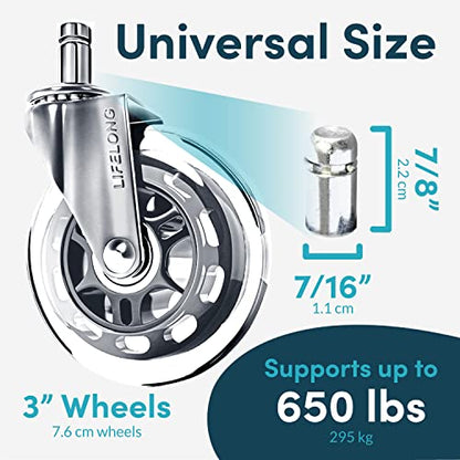 Lifelong Office Chair Wheels Replacement Rubber Chair Casters for Hardwood Floors and Carpet, Set of 5, Heavy Duty Desk Wheels to Replace Office Chair Mats - Fits 98%