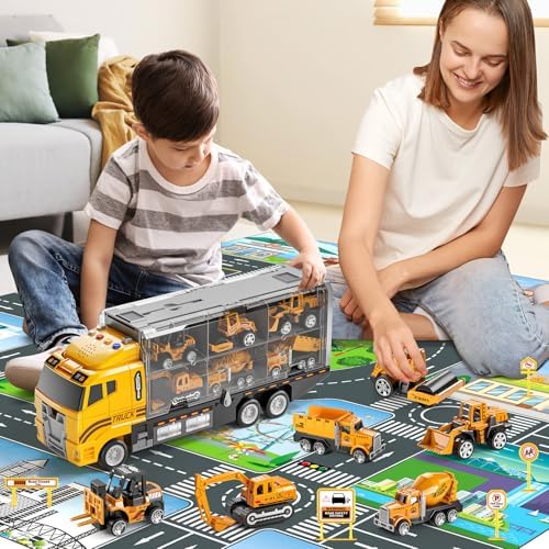 Toddler Boys Construction Truck Vehicle Toy Set with Play Mat, Die-Cast Toy Car Carrier Truck for Kids, Birthday Gifts Toys for 3-8 Year Old Boys