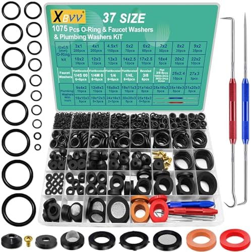 37 Size 1075 Pcs Faucet Washers & O-Rings Kit & Plumbing Gasket 3-in-1 Home Universal Rubber Washers Assortment Kit for Faucet Hose Spigot Plumbing Seal Repair with Pick Hook