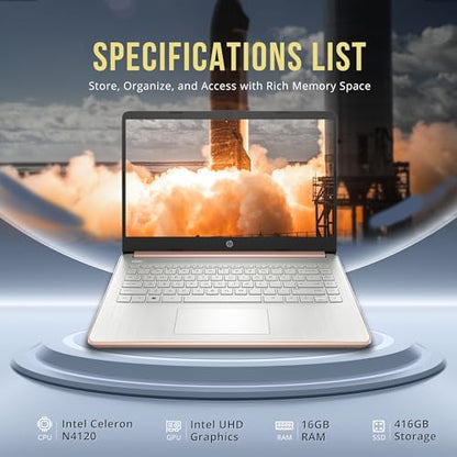 HP Stream 14" HD BrightView Laptop, Intel Celeron N4120, 16GB RAM, 416GB Storage (128GB eMMC + 288GB Docking Station Set), Intel UHD Graphics, 720p Camera, Wi-Fi, 1 Year Office 365, Win 11 S, Gold