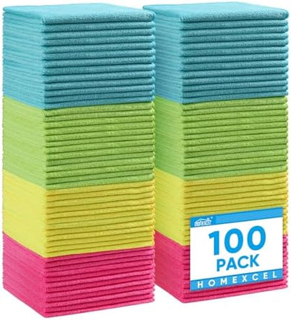 HOMEXCEL Microfiber Cleaning Cloth,100 Pack Cleaning Rags, Cleaning Towels with 4 Color Assorted, 11.5"X11.5" Shop Towels (Green/Blue/Yellow/Pink)