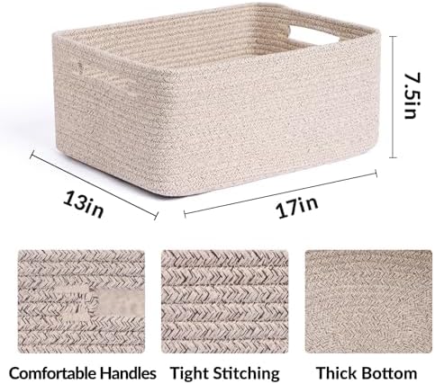 Large Storage Baskets for Shelves, Closet Organizers Bins for Clothes Blanket Towels, Baby Nursery, Toy Baskets Box, Woven Rope Baskets, 17 x 13 x 7.5”, 3 Packs Mixed Brown