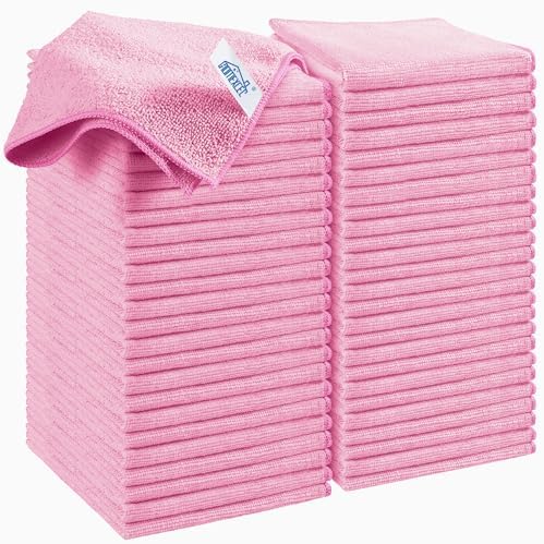 HOMEXCEL Pink Microfiber Cleaning Cloth, 50 Pack Cleaning Towels for Kitchen, Lint Free, Scratch-Free, Highly Absorbent, and Reusable Cleaning Rags for House, Window and Glass, Cars, 11.5 X11.5 inch