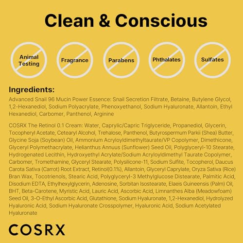 COSRX Glass Skin Starter Set, Amazon Exclusive, Advanced Snail 96% Mucin Power Essence & Retinol 0.1% Cream Mini Sample, Daily Hydrating & Firming Korean Skin Care Kit, Gift Set