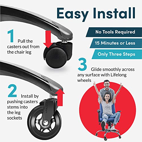 Lifelong Office Chair Wheels Replacement Rubber Chair Casters for Hardwood Floors and Carpet, Set of 5, Heavy Duty Casters for Chairs to Replace Office Chair Mats - Fits 98% (10 Pack)