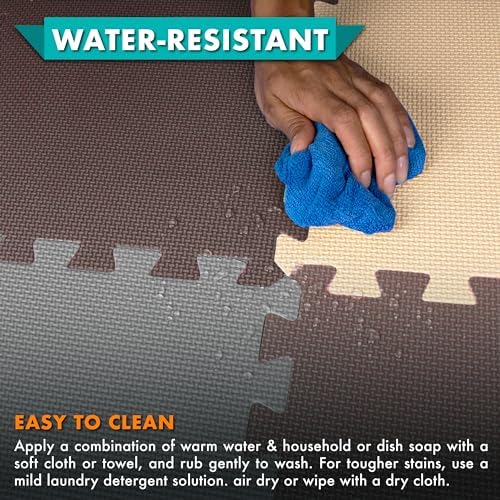 ProSource Foam Puzzle Floor Play Mat for Kids and Babies with Solid Colors, 36 or 16 Interlocking Tiles with Borders, Brown/Beige/Grey