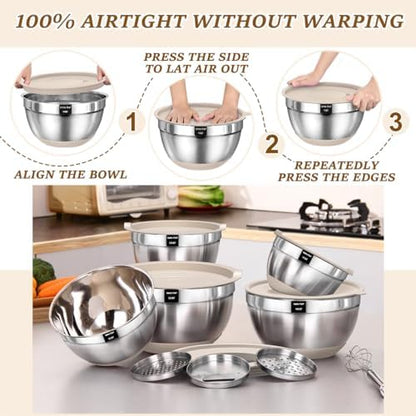 Umite Chef Mixing Bowls with Airtight Lids Set, 8PCS Stainless Steel Khaki Nesting Bowls with Grater Attachments, Kitchen Bowls with Non-Slip Bottoms, Size 5, 4, 3.5, 2, 1.5QT for Mixing & Serving