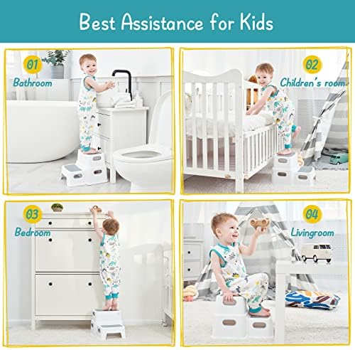 Forbena Toddler Step Stool for Bathroom Sink, 2 Step Stool for Kids Toilet Potty Training, Non-Slip Toddlers Baby Child Kid Plastic Poop Stools with Handle for Kitchen Counter Bed (White-Grey)