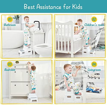 Forbena Toddler Step Stool for Bathroom Sink, 2 Step Stool for Kids Toilet Potty Training, Non-Slip Toddlers Baby Child Kid Plastic Poop Stools with Handle for Kitchen Counter Bed (White-Grey)