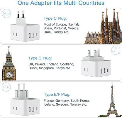 TESSAN All European UK Travel Plug Adapter Kit, International Detachable with 3 Outlet 3 USB Charger (1 USB C), Type C/G/E/F EU Ireland Power Adaptor, US to Europe Italy Spain France Greece