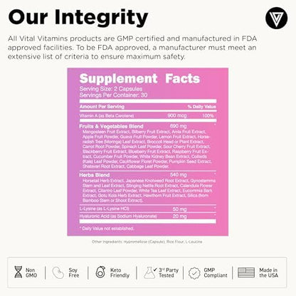 Vital Vitamins Vegan Collagen Booster - with Silica and Hyaluronic Acid - Plant-Based Collagen Supplements - Supports Hair, Skin, Nails & Joints - 60 Capsules