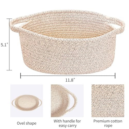 ABenkle Small Woven Basket 12"x 8"x 5" - Rope Room Shelf Storage, Cat Dog Toys Chest Box, Decorative Empty Gift With Handles - All Mixed Brown