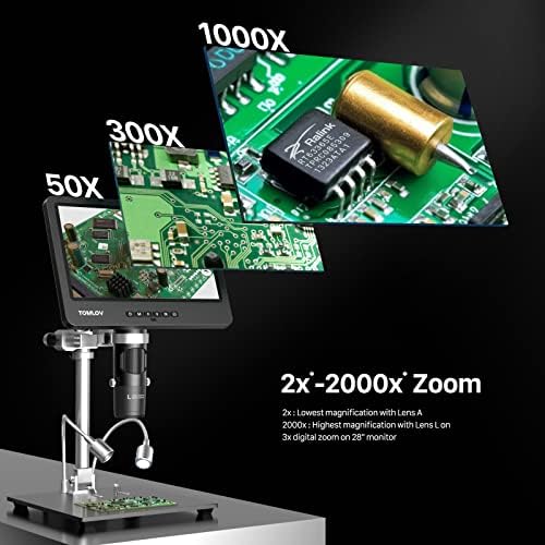 TOMLOV DM602 Pro 10.1" HDMI Digital Microscope 2000x, Pro Boom Arm Stand, LCD Soldering Microscope with 3 Lens, Adults Scope for Electronics Repair, Coin Magnifier Ring Light, PC Compatible, 64G