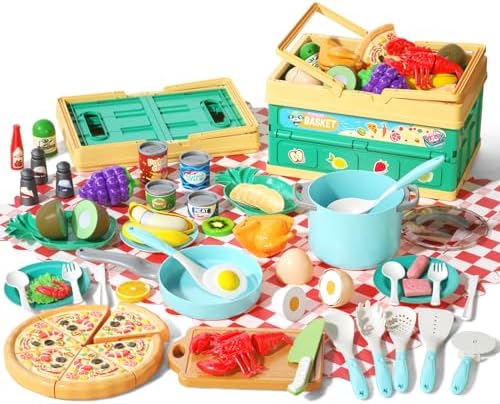 80Pcs Kitchen Playset, Toddler Pretend Cooking with Pots, Pans, Cookware, Food, Picnic Blanket, Fruits, Veges, Shopping Storage Basket, Dessert, Learning Gift for Girls Boys (Turquoise)