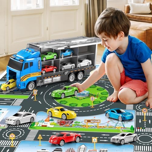 Toddler Boys Toys for 3 4 5 6 Years Old, Truck Vehicle Set with Play Mat, Die-Cast Toy Car Carrier Truck for Kids, Birthday Gifts Toys for 3 4 5 6 7 8+ Year Old Boys