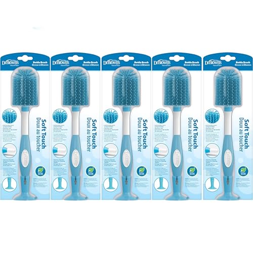 Dr. Brown's Soft Touch No Scratch Baby Bottle Cleaning Brush Nipple Cleaner with Stand and Storage Clip, BPA Free, Blue 1-Pack (Pack of 5)