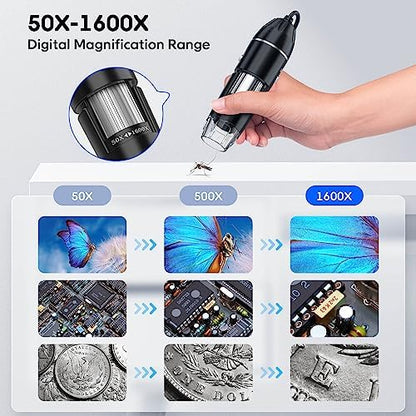 USB Digital Microscope, 50x-1600x Magnification Handheld, 1440P HD 8 LED Lights, Portable Pocket Microscope, Compatible with iOS and Android Devices, 2MP Magnifier Microscopes Camera for Adults, Kids