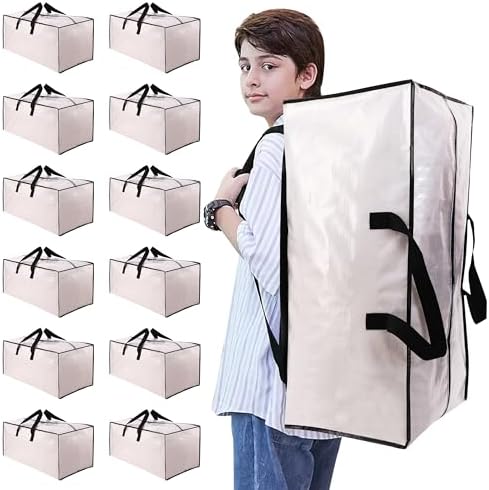 Heavy Duty Moving Bags with Backpack Straps and Strong Handles, Alternative to Moving Boxes and Storage Totes for Dorm Room Essentials, 12 Pack, Clear