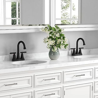 Bathroom Faucets for Sink 3 Hole, Hurran 4 inch Matte Black with Pop-up Drain and 2 Supply Hoses, Stainless Steel Lead-Free 2-Handle Centerset Faucet for Sink Vanity