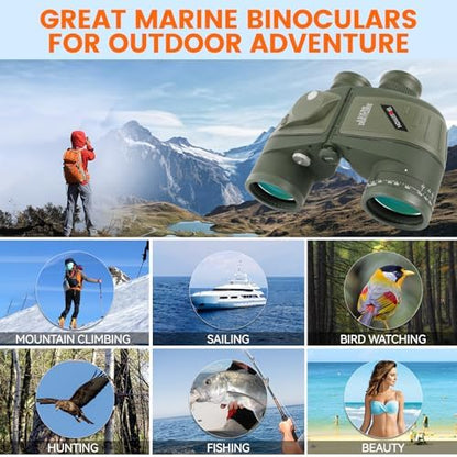 10X50 Marine Binoculars with Rangefinder Compass,Phone Adapter,Strap,BAK4 Lens,Shockproof Military Tacticle IPX7 Floating Waterproof Binocular for Adults Sailing Boating Hunting Birdwatching
