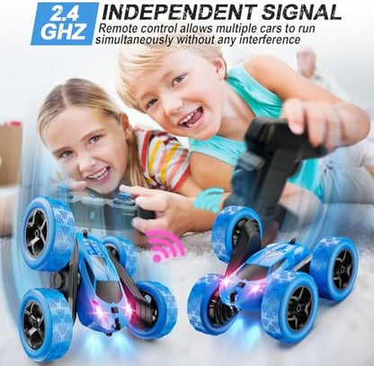 Remote Control Car, RC Cars Toys for Kids Ages 6-12, 4WD Stunt Car with LED Lights & 360° Flips, 2.4GHz, Upgraded USB-C Modular Batteries, 8-10 Year Old Boys Birthday Gift 1-Blue