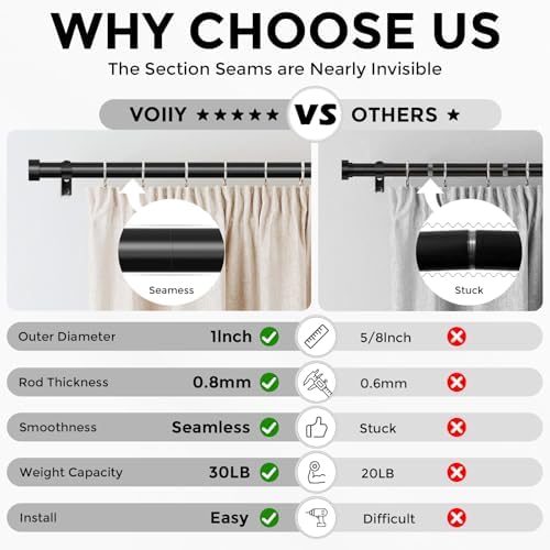 Curtain Rods for Windows 48 to 84 Inch(4-7 Feet),Black 1'' Diameter Drapery Rods with End Cap Style Design,Modern Adjustable Heavy Duty Curtain Rod,Size:36''-88''