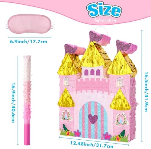 WERNNSAI Princess Castle Piñata - Princess Birthday Party Decorations Pink Princess Piñata with Blindfold and Bat for Birthday Girls Family Game Princess Theme Birthday Party Supplies 16.4” x 12.4”
