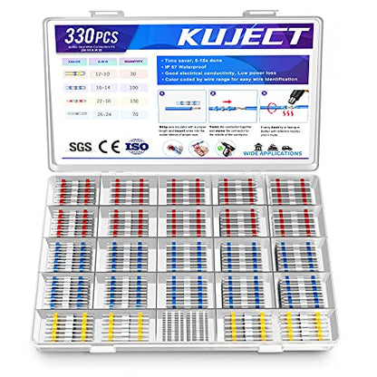 Kuject 330PCS Solder and Seal Butt Connectors Kit, Self-Solder Heat Shrink Wire Connectors, Waterproof and Insulated Electrical Butt Splice for Marine Automotive Aircraft Boat Truck Wire Joint