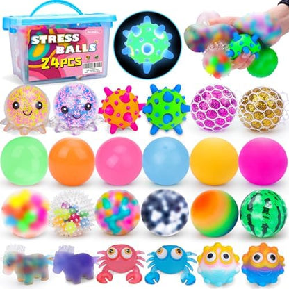 24 Pack Stress Balls, Squishy Balls, Squeeze Balls for Adults, Stress Relief Balls, Prize Box Stuffers, Party Favors