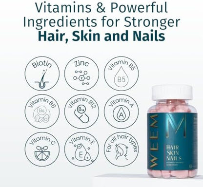 WEEM Hair Skin and Nails Gummies - Supports Healthy Hair - Vegan biotin Vitamins for Women & Men Supports Faster Hair Growth, Stronger Nails, Healthy Skin, Extra Strength (2)