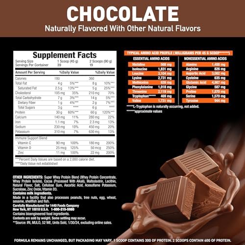 Body Fortress Super Advanced Whey Protein Powder, Chocolate, Immune Support (1), Vitamins C & D Plus Zinc, 3.9 lbs.