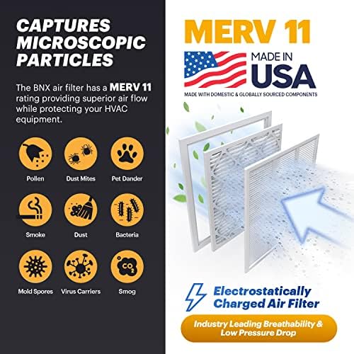 BNX TruFilter 20x25x1 Air Filter MERV 11 (6-Pack) - MADE IN USA - Allergen Defense Electrostatic Pleated Air Conditioner HVAC AC Furnace Filters for Allergies, Dust, Pet, Smoke, Allergy MPR 1200 FPR 7