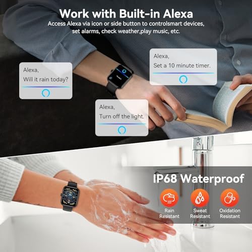 Smart Watch with Alexa Built-in, 1.83" HD Touchscreen Fitness Tracker, Bluetooth Notifications/Calls, IP68 Waterproof, 120+ Sport Modes, 24/7 Heart Rate & Sleep Monitor for iPhone Android iOS (Black)