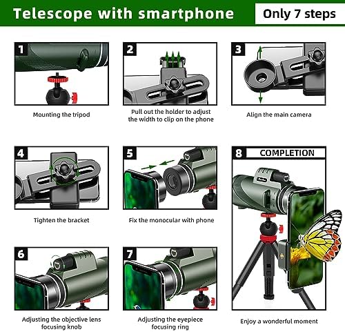 40X60 Monocular Telescope, High Power Monocular for Adults with Phone Adapter& Tripod& Hand Strap, Low Night Vision Monocular, Equipped with BAK4 Prism for Bird Watching and Traveling Concert