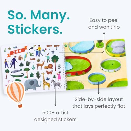 CUPKIN Sticker Book for Kids 2-4, 500+ Kids Stickers, All Around Town 12 Coloring Pages, 12 Side by Side Scenes, Fun Toddler Travel Activity Coloring and Sticker Books for Ages 4-8 + 8-10