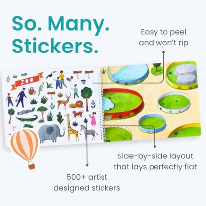 CUPKIN Sticker Book for Kids 2-4, 500+ Kids Stickers, All Around Town 12 Coloring Pages, 12 Side by Side Scenes, Fun Toddler Travel Activity Coloring and Sticker Books for Ages 4-8 + 8-10