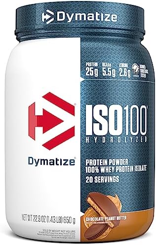 Dymatize ISO100 Whey Protein Powder Isolate, Chocolate Peanut Butter, 25g of Protein, 20 Servings, 5.5g BCAAs, Less Than 120 Cal., Gluten Free, 1g Fat, 1g Sugar, 2g Carb