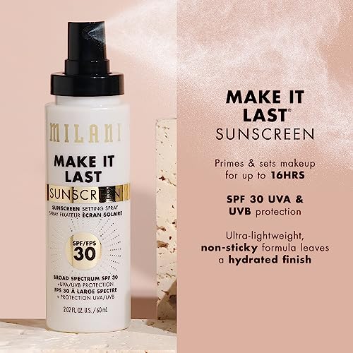 Milani Sunscreen Setting Spray + Primer, Make It Last Sunscreen for Face- SPF 30 UVA & UVB Protection Antioxidant Rich Formula for Broad Spectrum Protection, Prime + Set + Protect, 2.02Fl. Oz - 2 Pack