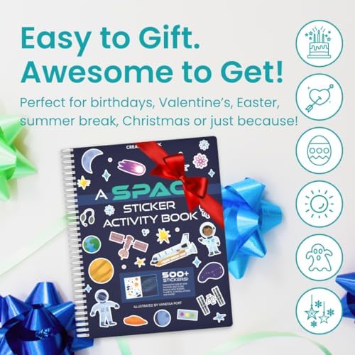 CUPKIN Outer Space Sticker Book for Kids 2-4, 500+ Kids Stickers 12 Coloring Pages, 12 Side by Side Scenes, Fun Toddler Travel Activity Coloring and Sticker Books for Ages 4-8 + 8-10