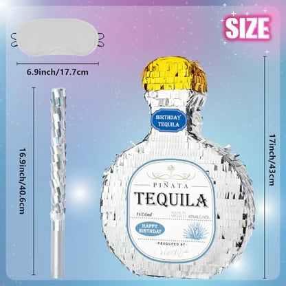 WERNNSAI Tequila Bottle Pinata - Disco Party Decorations for Adults Silver Patron Tequila Pinata with Blindfold for Bachelor Birthday Party Supplies 11.7” x 16.5”
