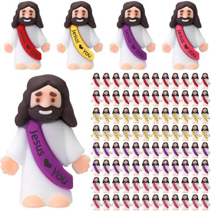 Bememo 100 Pcs Little Jesus Figures Jesus Loves You Original Design Rubber Pocket Toys Little Figures to Hide and Seek Sunday School Religious Party Share Gifts(Bright Colors)