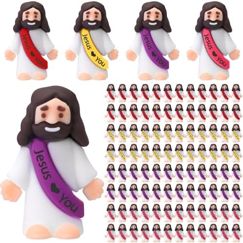 Bememo 100 Pcs Little Jesus Figures Jesus Loves You Original Design Rubber Pocket Toys Little Figures to Hide and Seek Sunday School Religious Party Share Gifts(Bright Colors)