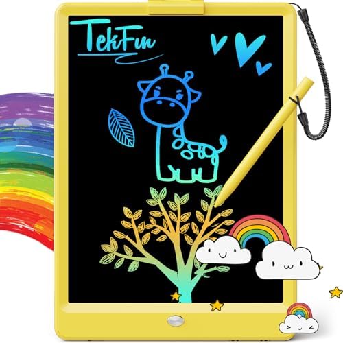 TEKFUN Toys for Girls Boys 10IN LCD Writing Tablet, Magic Doodle Board with Anti-Lost Stylus, Mess Free Coloring for Toddlers Drawing Pad, Toddler Travel Car Plane Trip Toys Gifts (Yellow)