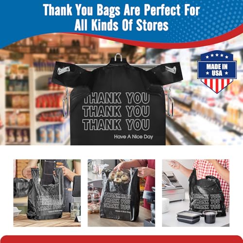 Fuxury 1000 Count Thank You Plastic Bags Black (12" x 6.5" x 21"), T-shirt, Grocery, Take Out, To Go,Restaurants, Retail Shopping Bags in Bulk for Small Business (Made in USA)