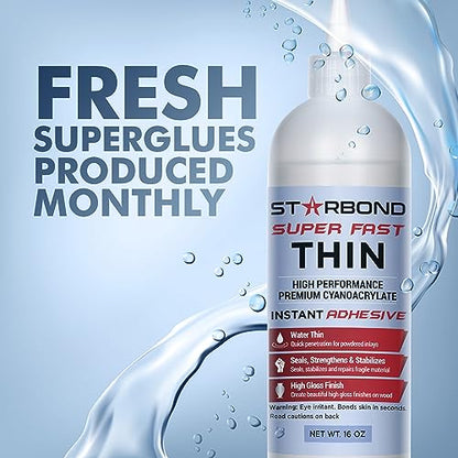 Premium Grade Cyanoacrylate (CA) Super Glue by Starbond - 16 oz. Complete Refill KIT (453g) - Super Fast Thin Adhesive, Precise Application for Woodturning, CA Finish, Woodworking, Hobby Models, Inlay